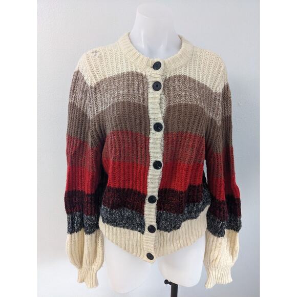 Munthe Size 40 Medium Nippa Striped Cardigan Red Tan Waffle Knit Wool Alpaca - Picture 3 of 12